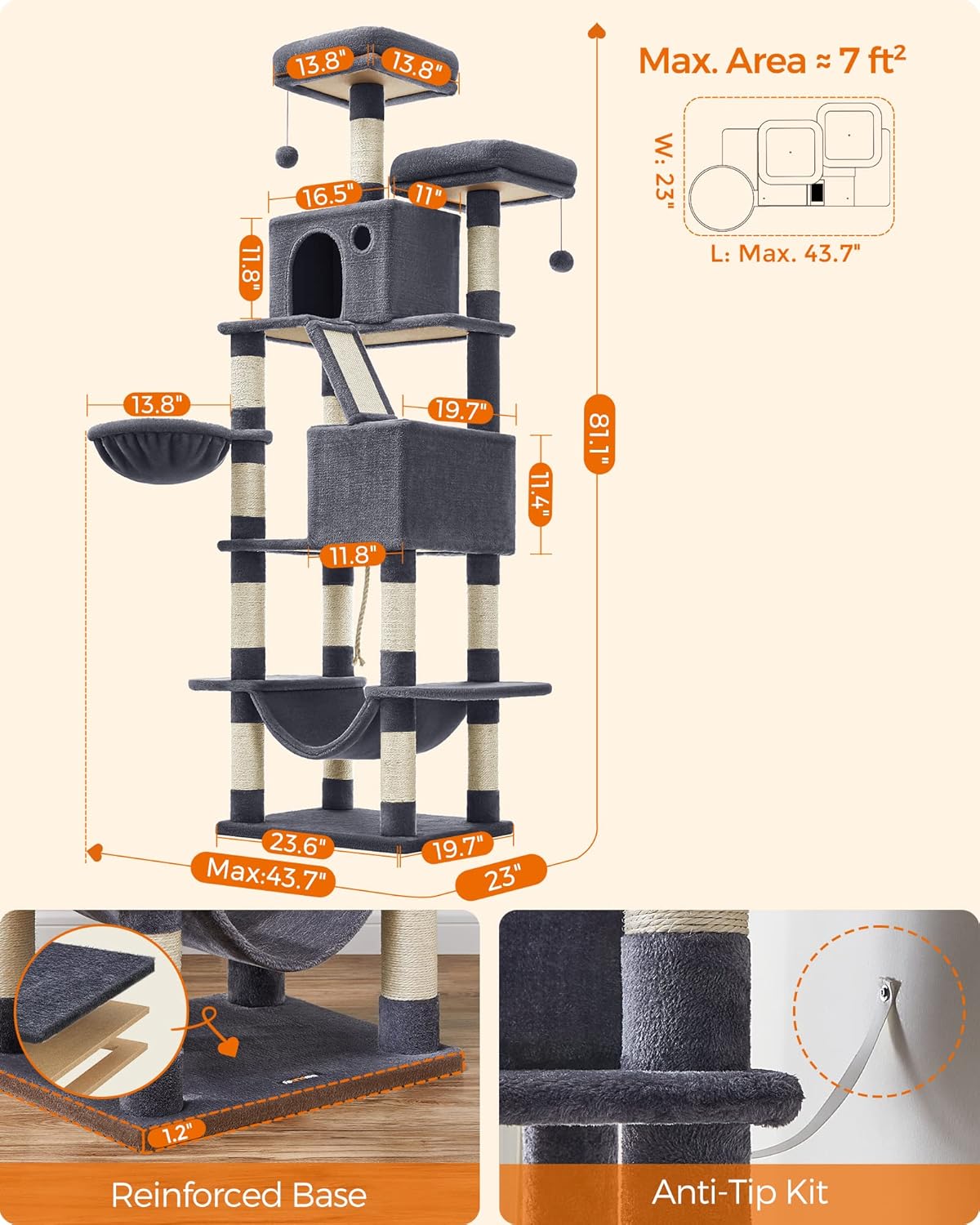 Cat Tree Tower for Large Cats – Multi-Level Cat Condo with Scratching Posts, Perfect for 4 Indoor Cats to Climb, Lounge & Play