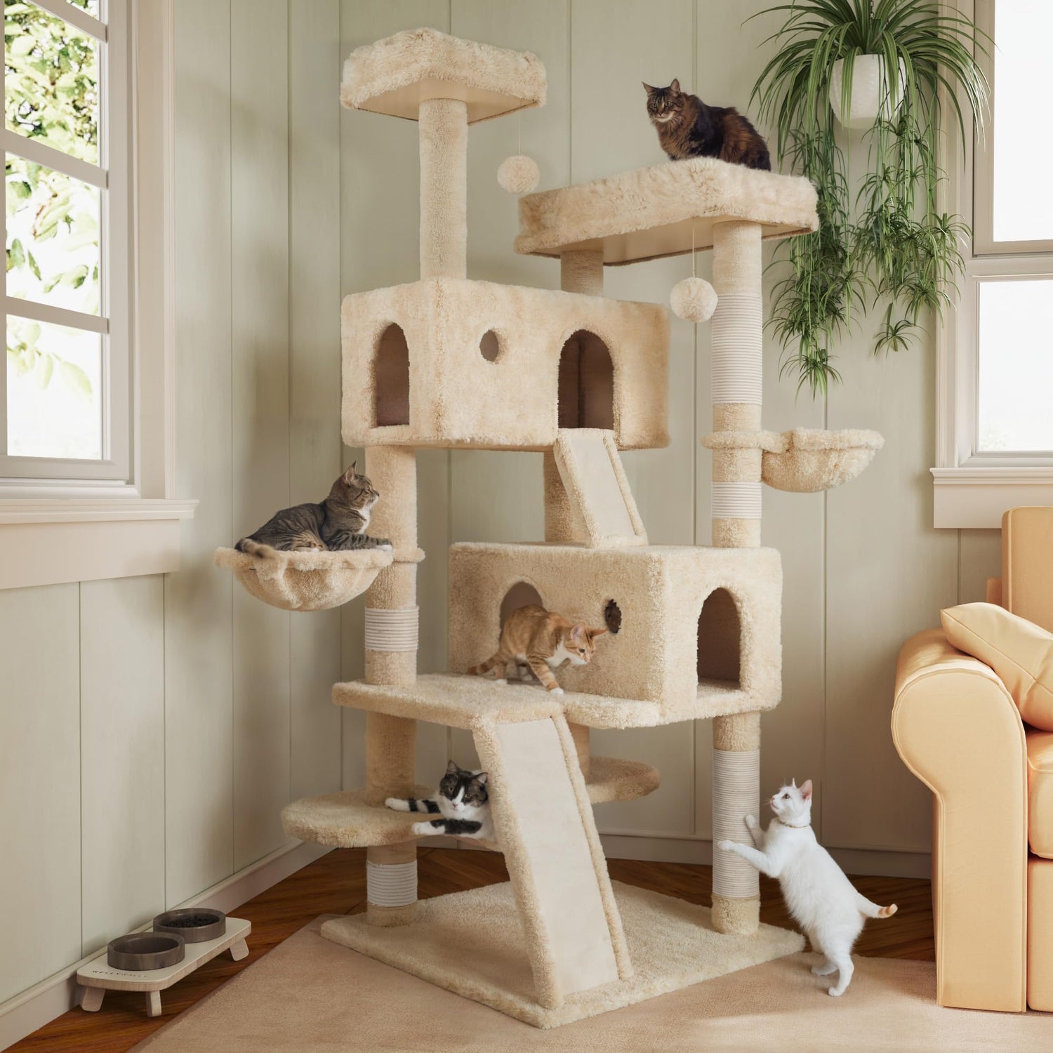 Cat Tree Tower 66" Multi-Level for Large Cats - Beige