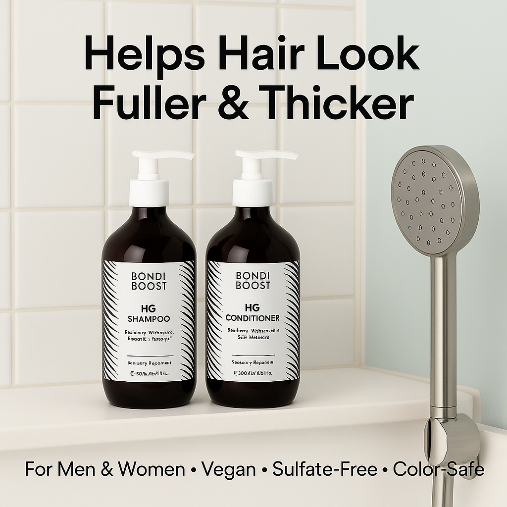 BondiBoost HG Anti-Thinning Shampoo and Conditioner set on shower shelf – vegan, sulfate-free hair care for fuller, thicker-looking hair.