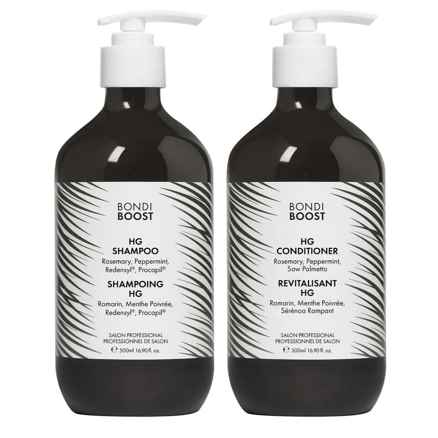 BondiBoost HG Anti-Thinning Shampoo and Conditioner set on shower shelf – vegan, sBondiBoost HG Anti-Thinning Shampoo and Conditioner – 500ml 16.9 oz bottles with Rosemary, Peppermint, Redensyl®, and Procapil® – vegan and sulfate-free.ulfate-free hair care for fuller, thicker-looking hair.