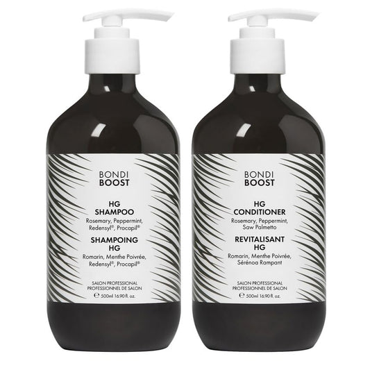 BondiBoost HG Anti-Thinning Shampoo and Conditioner set on shower shelf – vegan, sBondiBoost HG Anti-Thinning Shampoo and Conditioner – 500ml 16.9 oz bottles with Rosemary, Peppermint, Redensyl®, and Procapil® – vegan and sulfate-free.ulfate-free hair care for fuller, thicker-looking hair.