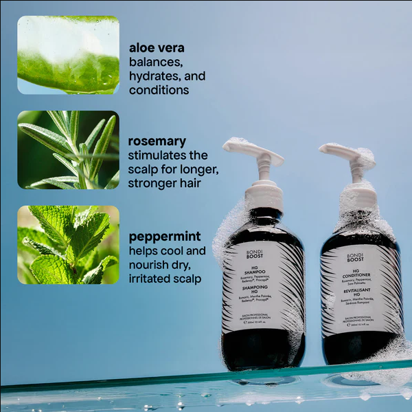 BondiBoost HG Shampoo & Conditioner with natural ingredients Aloe Vera, Rosemary, and Peppermint – vegan, sulfate-free, color-safe.