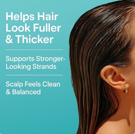 Close-up of hair and scalp with BondiBoost HG Shampoo – vegan, sulfate-free, color-safe hair care that helps hair look fuller and thicker.