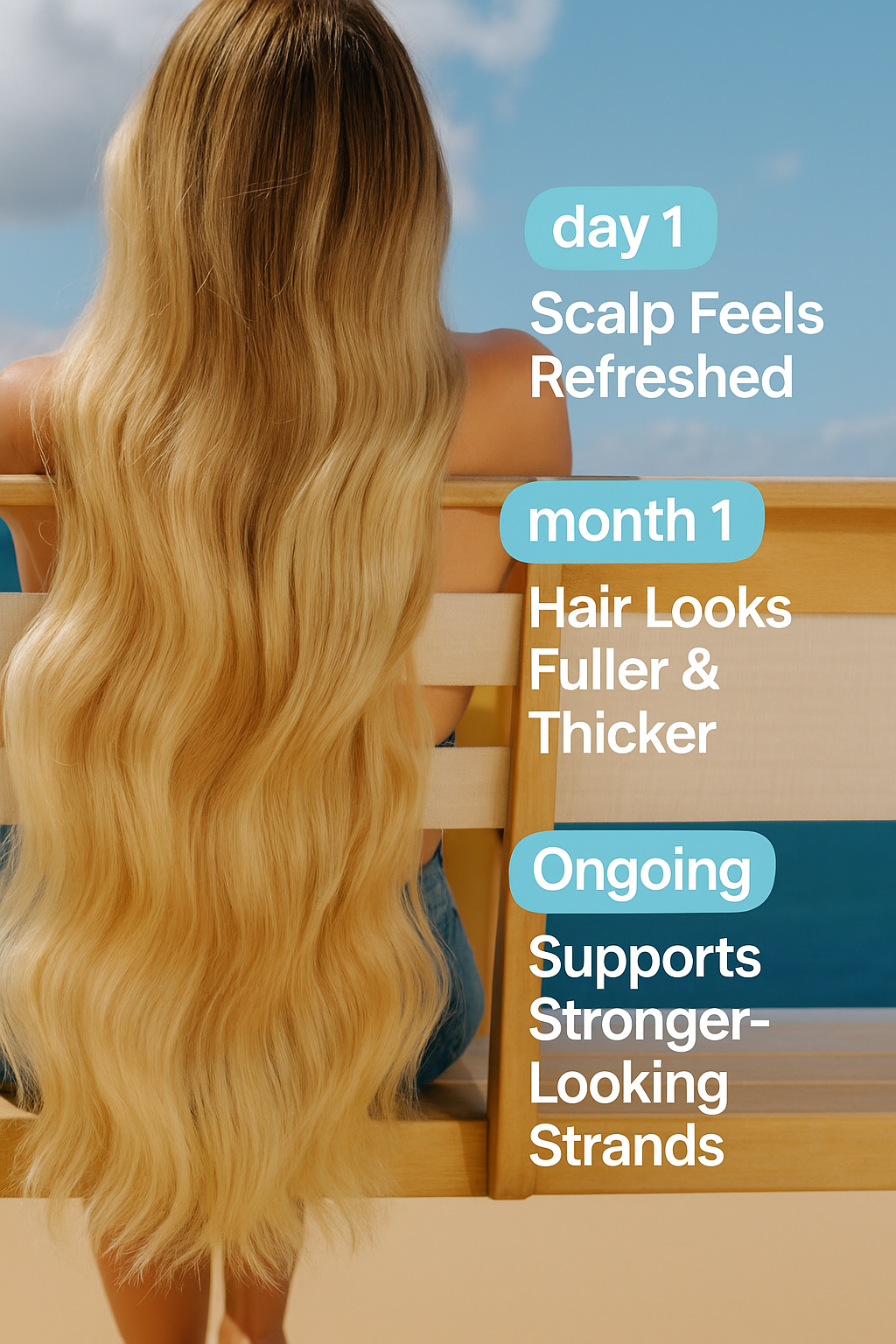 Back view of woman with long hair at the beach – BondiBoost HG Anti-Thinning Shampoo & Conditioner for fuller, healthier-looking strands.