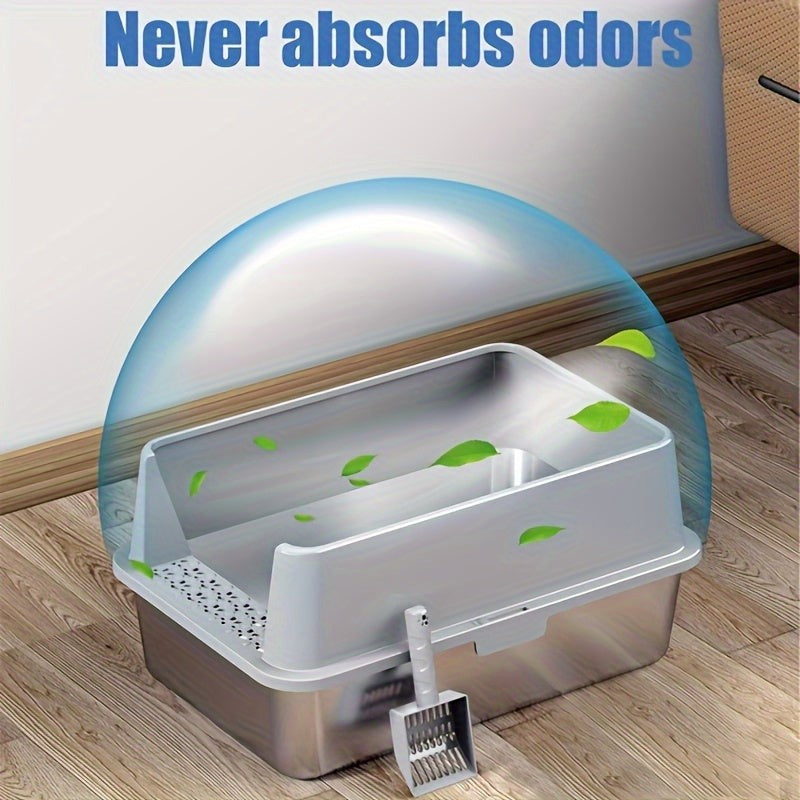 XL Stainless Steel Cat Litter Box with Lid & Scoop